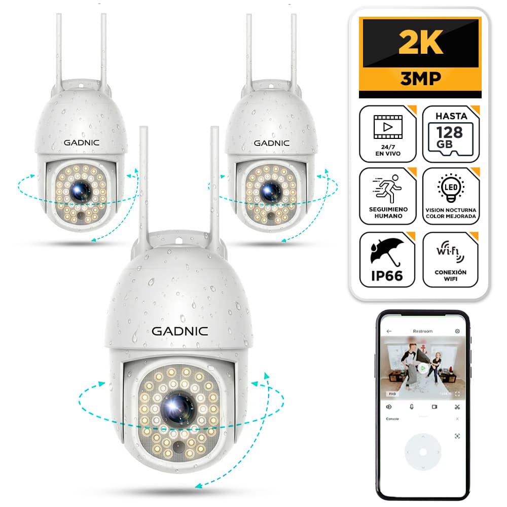 Kit x3 Cámaras de Seguridad Gadnic DM200W-Pro Exterior Domo Full HD Visión Nocturna Color 36 Leds