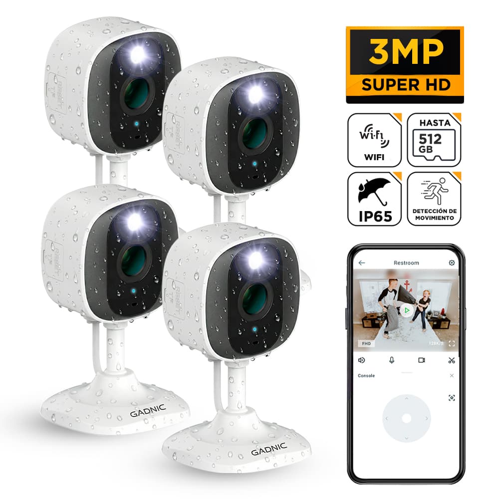 Kit x4 Cámara de Seguridad WiFi Gadnic Mini-G 2K Exterior Interior Audio Bidireccional 3MP Visión Nocturna Ip65