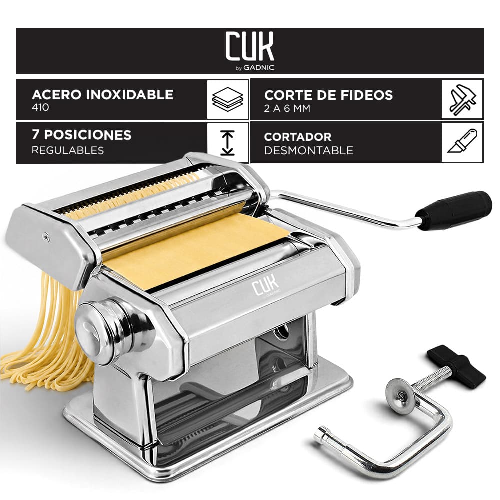 Maquina Para Pastas Cuk By Gadnic Manual Acero Inoxidable 410 7 Posiciones Corte De Fideos 2 A 6 Mm Con Prensa De Sujeción