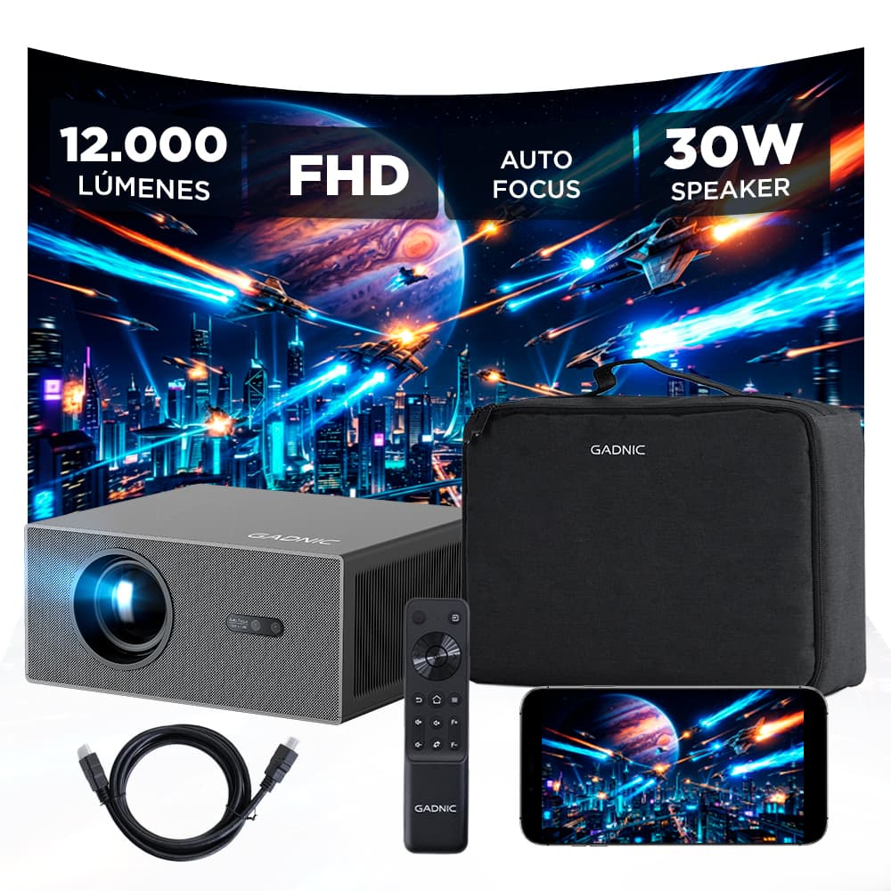 Proyector Gadnic C45 FHD 12000 Lúmenes Android TV AutoFocus AutoKeystone Bolso Transportador Cable HDMI